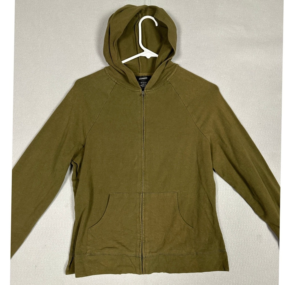 Express Hoodie Womens Large Full Zip Olive Green Performance Pockets Stretch EUC